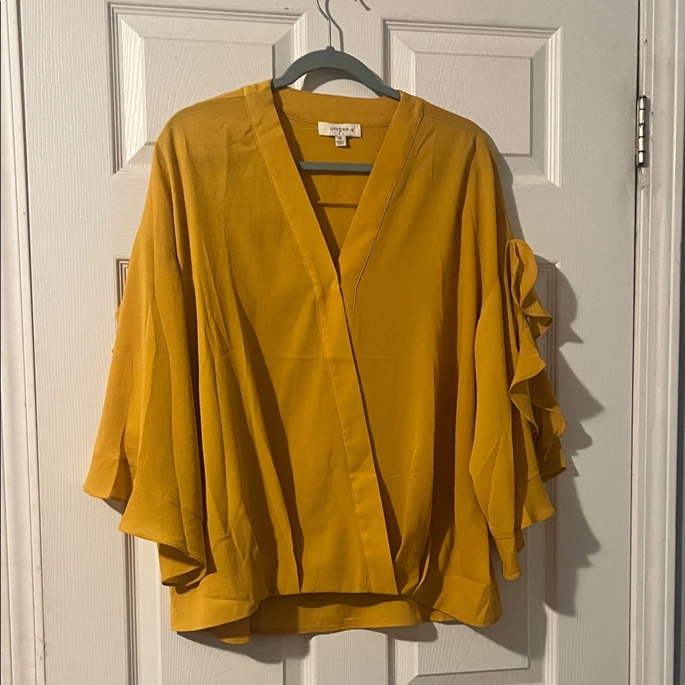 Umgee Mustard Yellow Wrap Blouse with Ruffle Sleeve